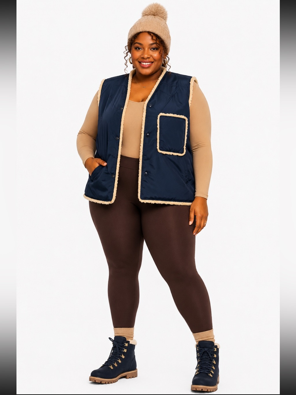 Reversible Navy Blue And Tan Faux Shearling Fur Vest Size L/ XL